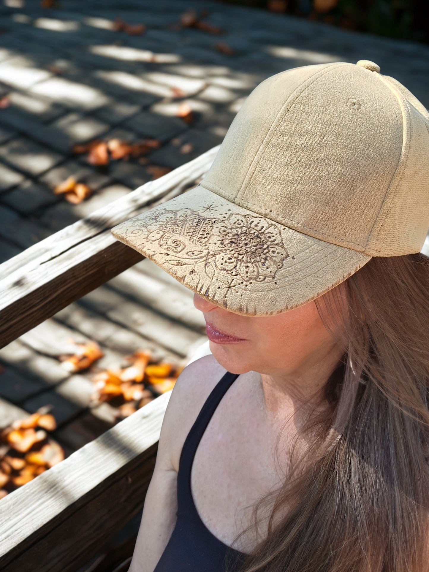 Tan Henna Style Handburned Cap