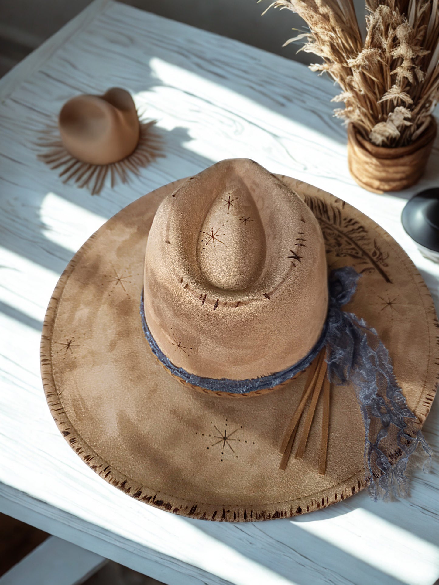 Wide brimmed handburned Suede Fedora