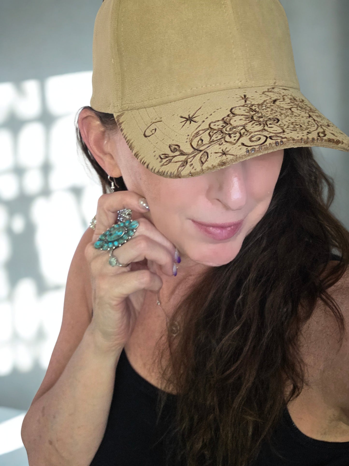 Handburned Henna flower cap