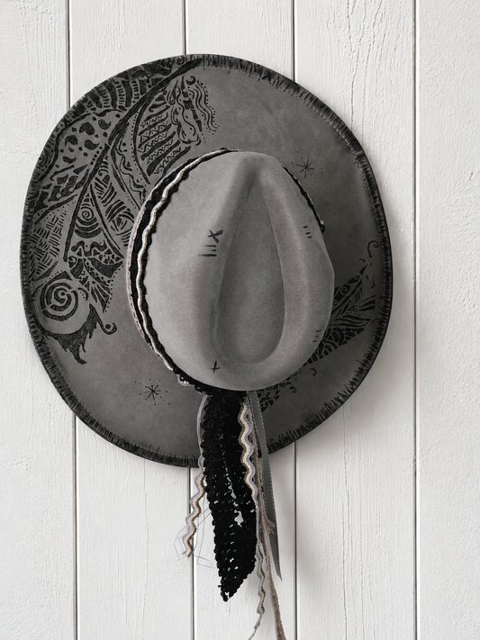 Handburned Wide Brimmed Hat/ Slate Grey