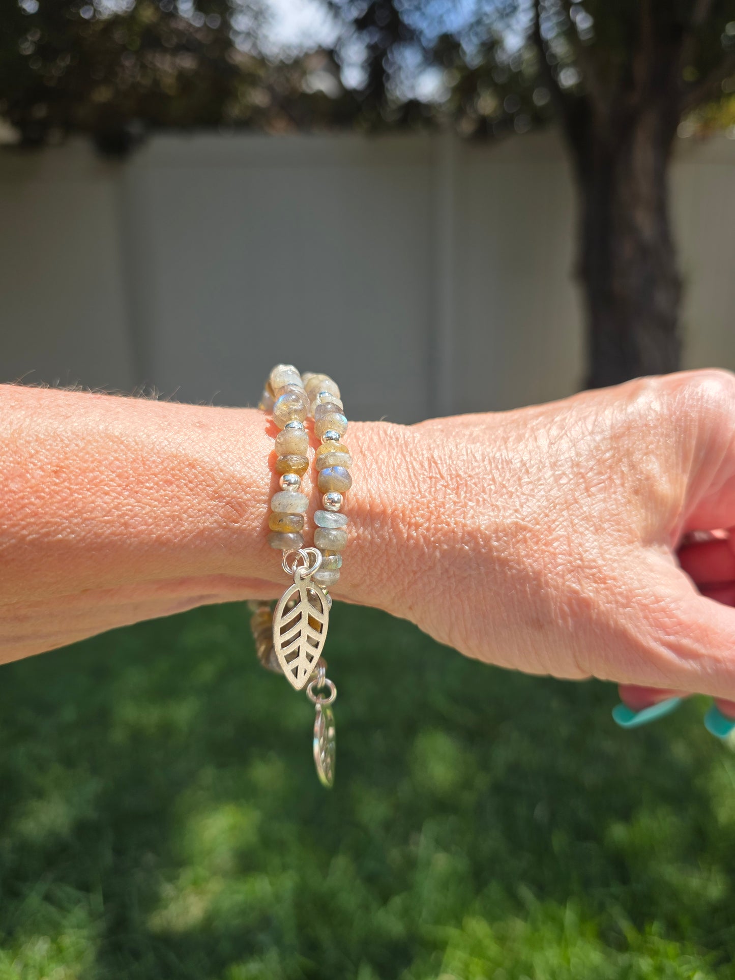 🍂 Labradorite Beaded Bar Necklace & Memory Wire Bracelet Set ✨