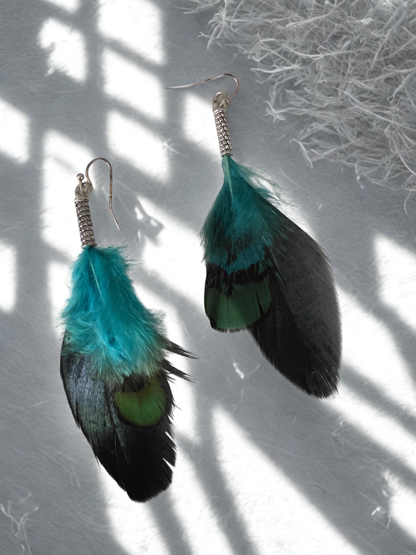 Turquoise & emerald feather earrings